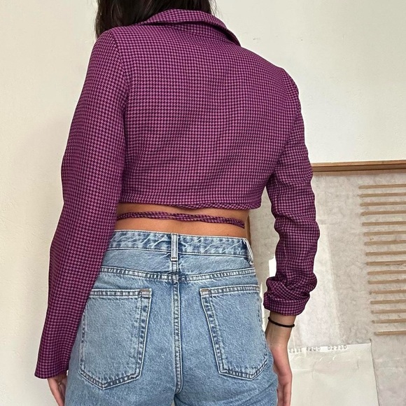 M // Zara Purple Black Houndstooth Long Sleeve Tie Hem Collared Wrap Crop Top - Picture 11 of 11